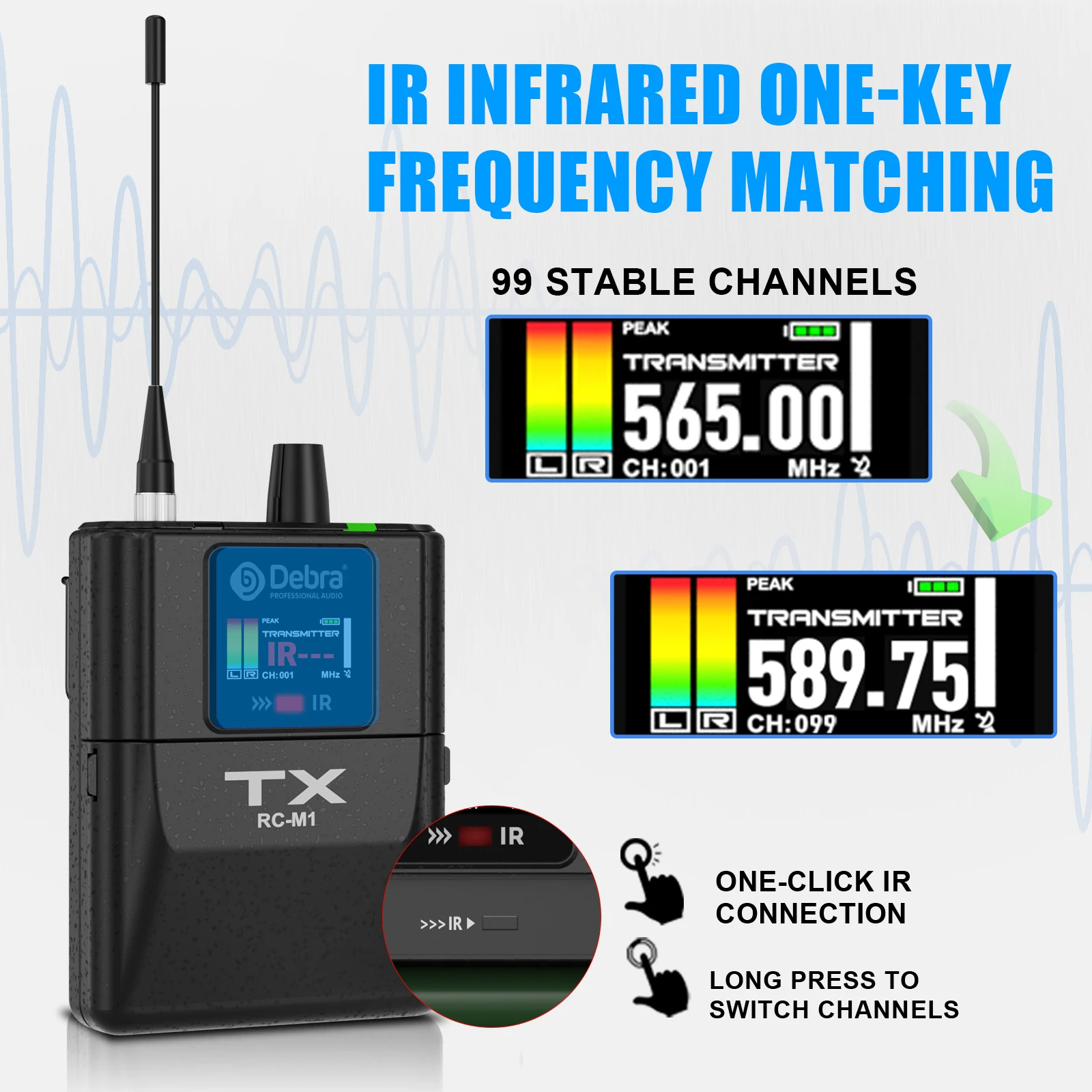 Debra New RC-EM1 UHF Stereo Wireless In-Ear Monitoring System, arbeitet im Frequenzbereich 565–590 MHz, entwickelt für Bands und Live-Übertragungen. – Detail 5