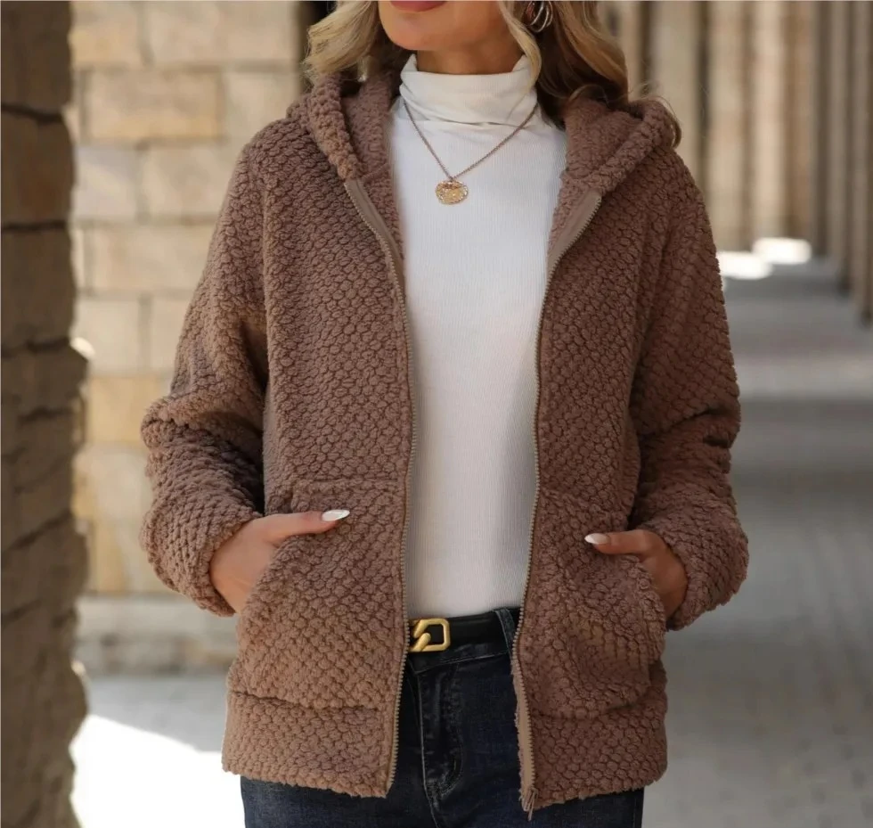 

Fashion Pocket Hooded Zipper Cardigan For Women's Plush Coat New Autumn Winter Casual Warm Jacket Female Coat