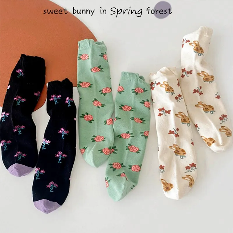 3 Pairs Socks Baby Girls Sweet Floral Cotton Socks Kids  Spring Autumn Calf Length Fancy Lace Crew Socks