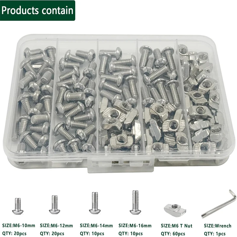 T Nut Screws Kit for 3030 3060 Aluminum Extrusion 60pcs M6 Hexagon Socket Screws and 60pcs M5 Drop in T-Nuts with M6 Hex Wrench