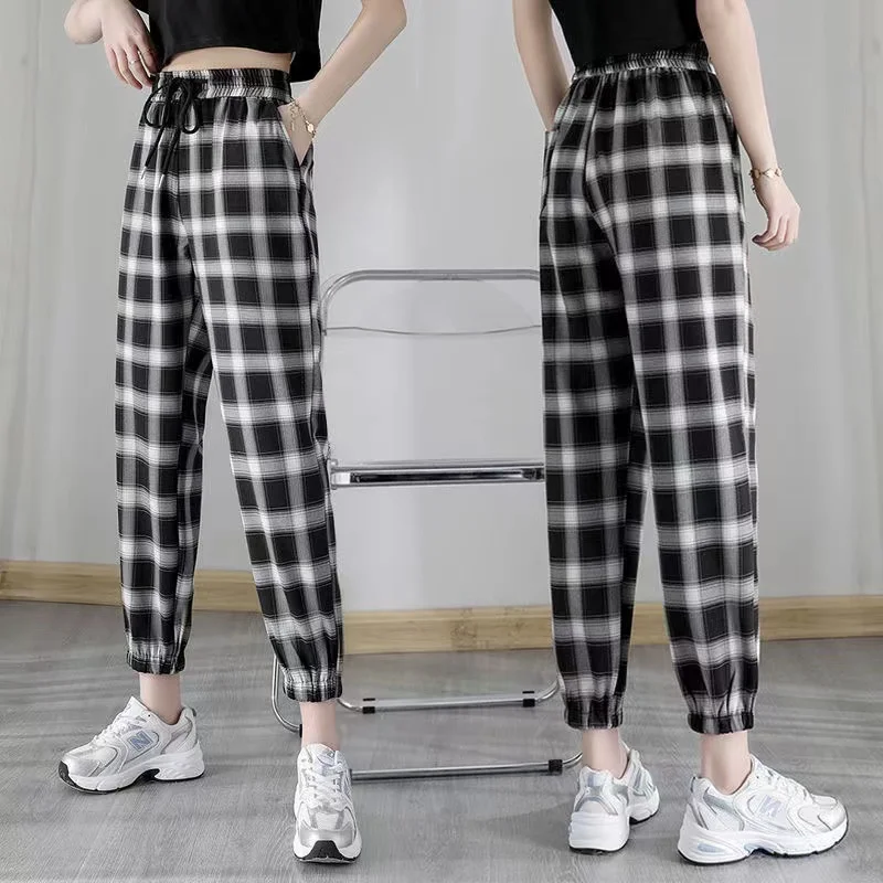 Slimming Plaid Ice Silk Sports Casual Pants Women's Summer Thin Hanging Loose Trousers Anti-Mosquito Baggy Cuffed Harajuku Style