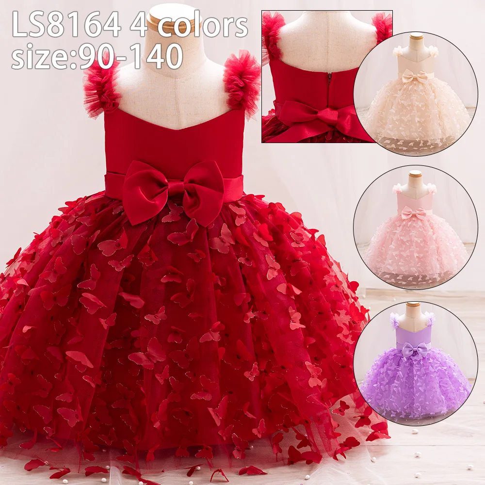 

ELBCOS 2-7Y Girls Shoulderless Lace Shoulder Strap Waist Bow Skirts Solid Color Butterfly Applique Hemline Costumes Full Dress