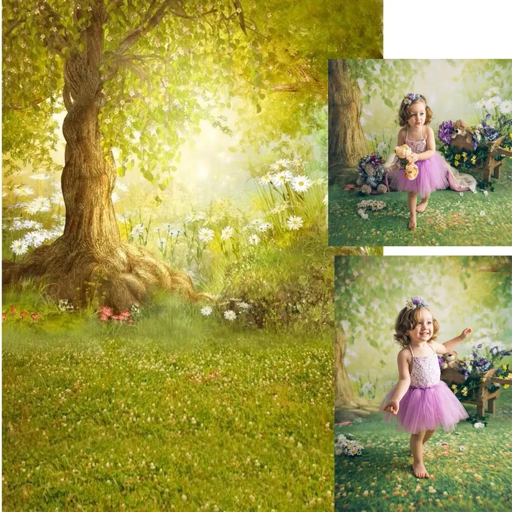 Spring Wonderland Backdrops for Photography White Flowers Big Tree Green Meadow Princess Baby Girl Happy Easter Photo Background