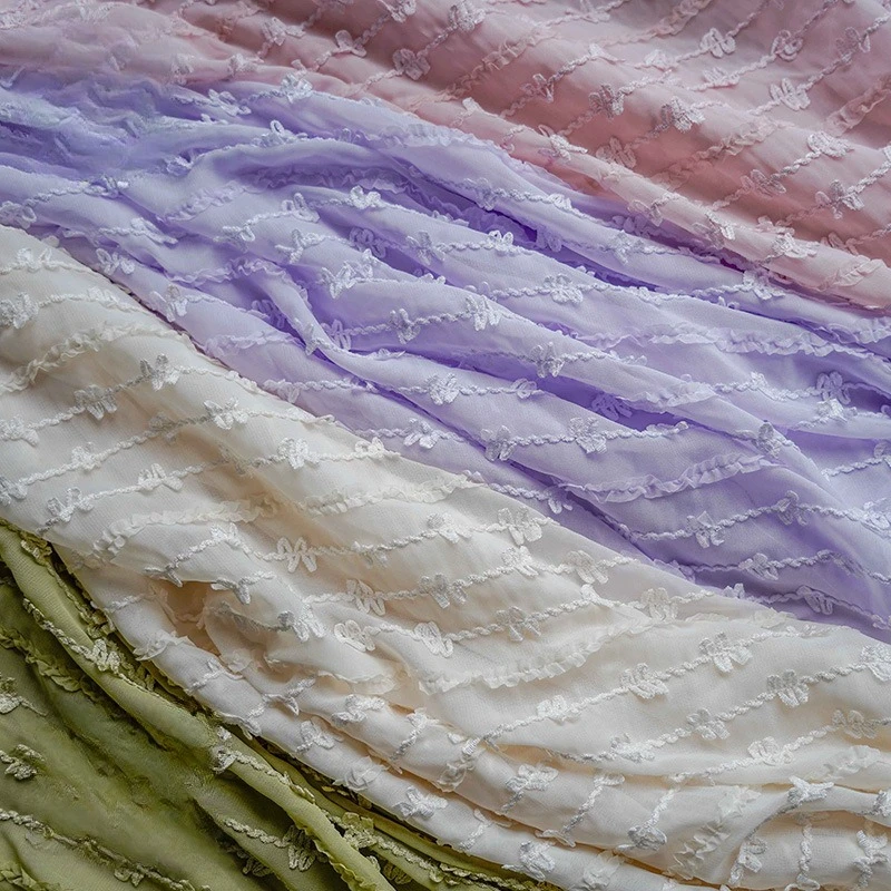 

Pastel Stripe Sheer Soft Fabric Classic Girly Style 3D Textured Spring Summer Designer Women's Dress Floral Bouquet Material