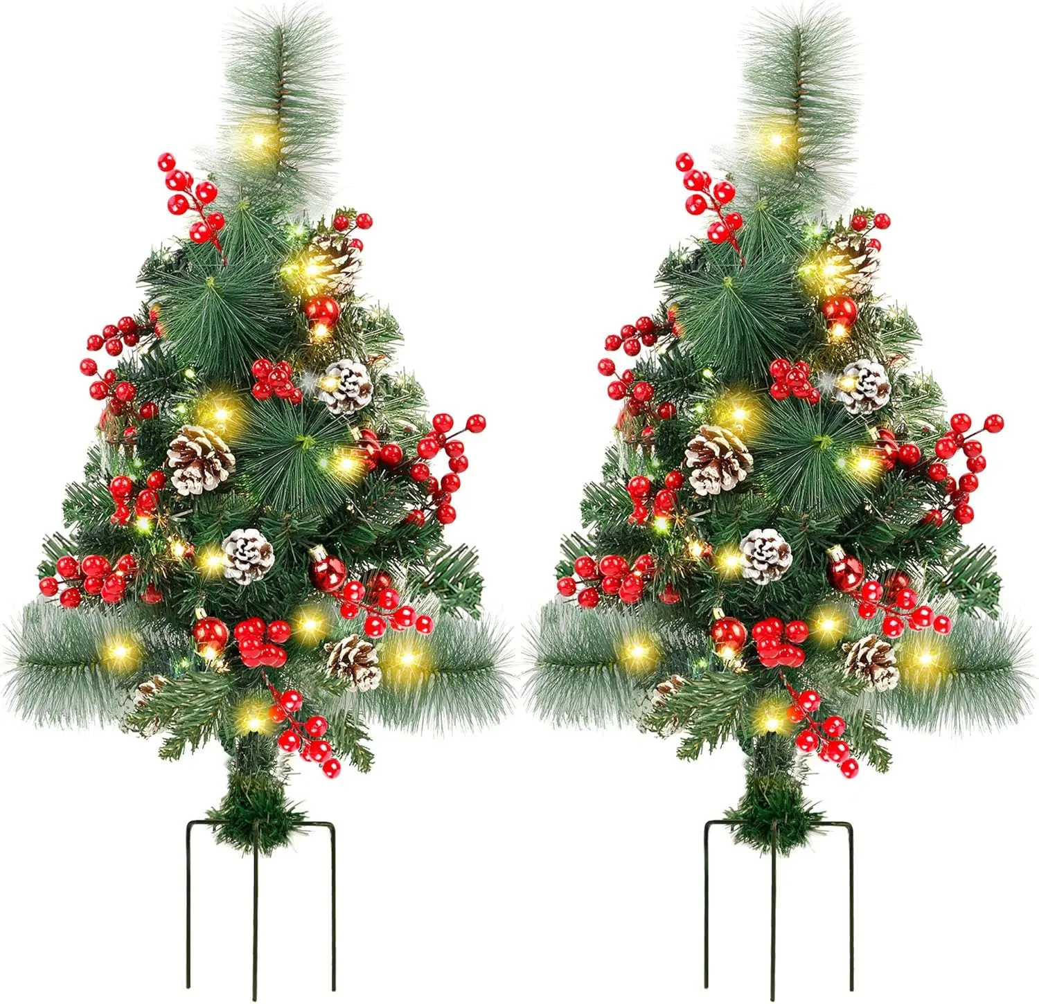 

2-Pack 30' Pre-Lit Christmas Trees with 60 LEDs, Red Berries, Pine Cones & Ornaments for Outdoor Porch, Yard, Driveway