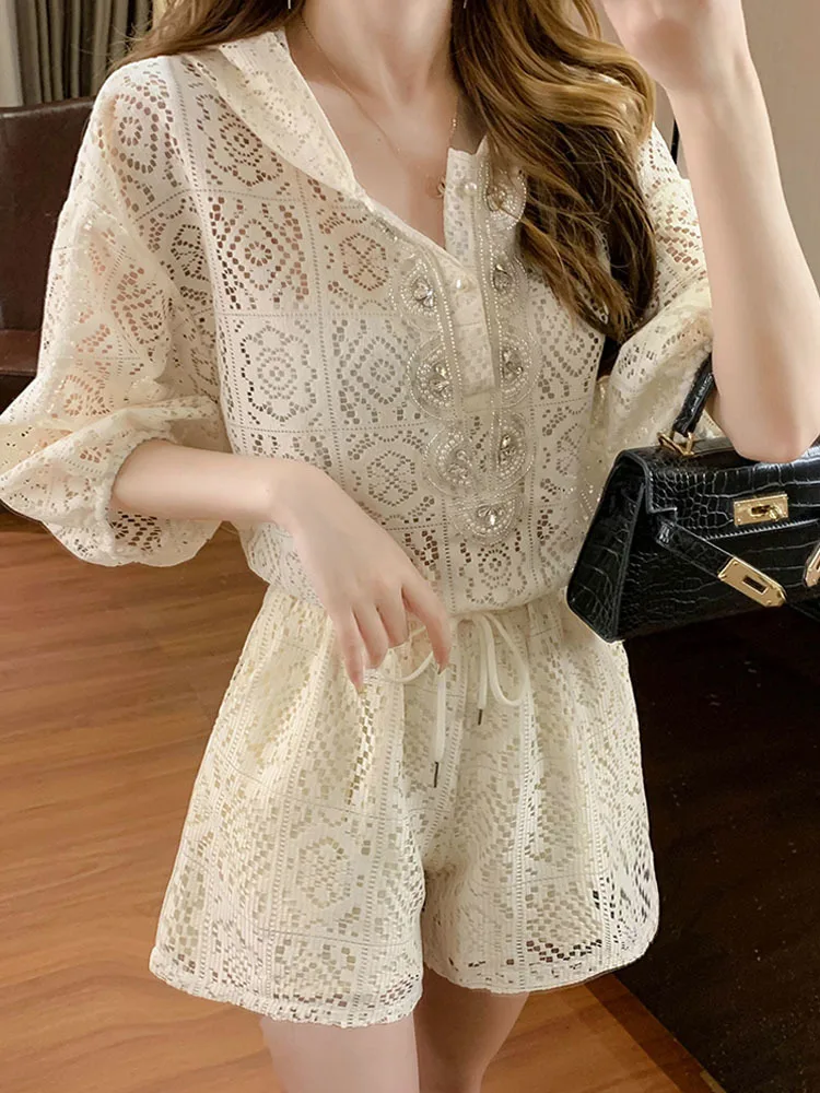 Rhinestone Spring Summer 2023 New Lace hollow out Short Sleeve Top+ High Waist Shorts Two Piece Set