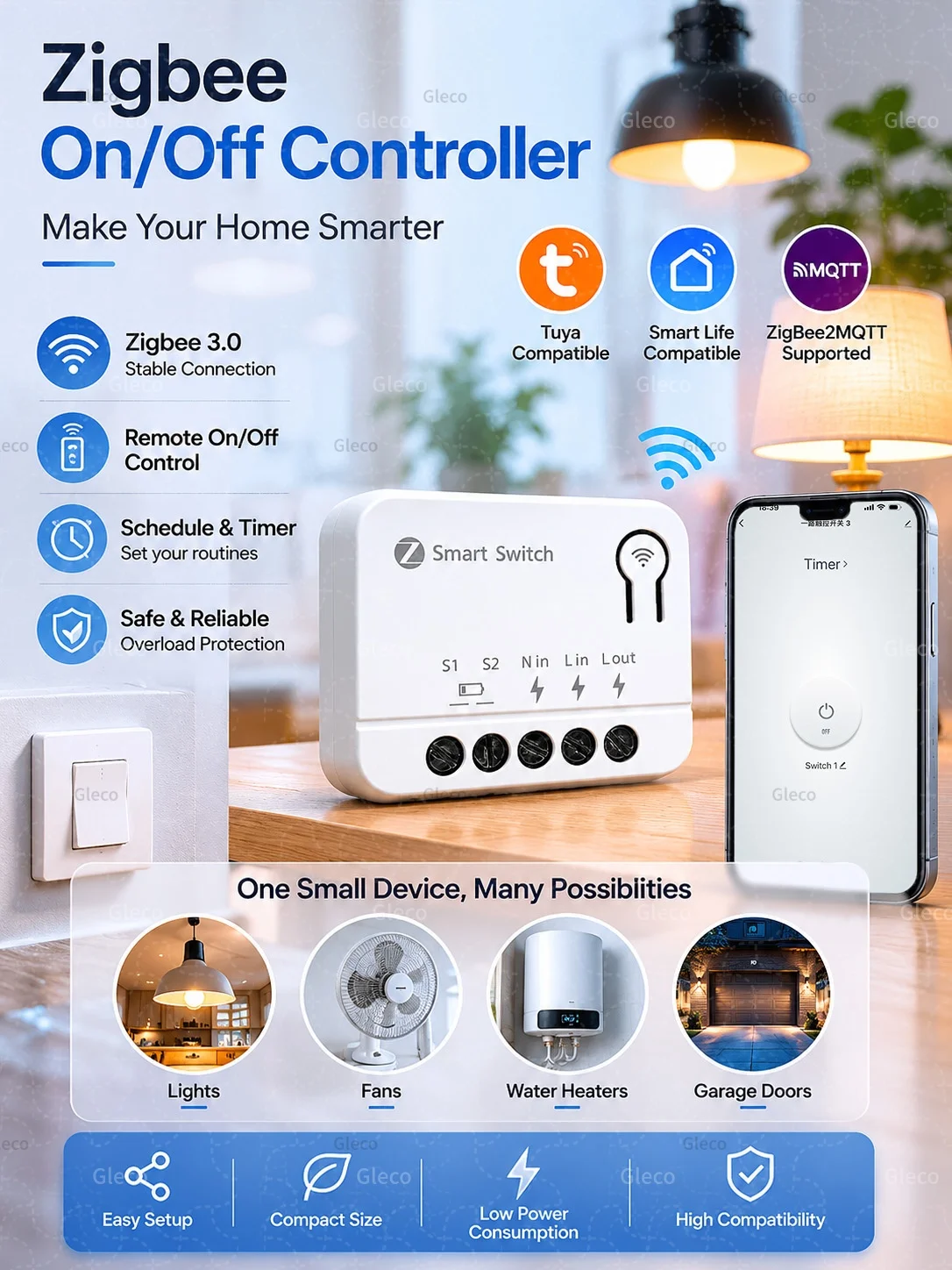 Zigbee TUYA 1/2/3-fach Mini Smart Switch Modul 10A/16A DIY Relais-Schalter Kompatibel mit Alexa Google Home Assistant 2MQTT