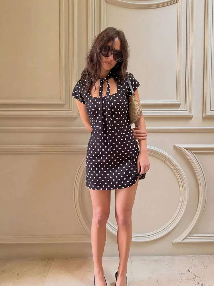 HH 2026 Sommer Damen Polka Dot Minikleid mit Schnürung, Cut-Outs und kurzen Ärmeln – Elegantes High-Street-Modekleid