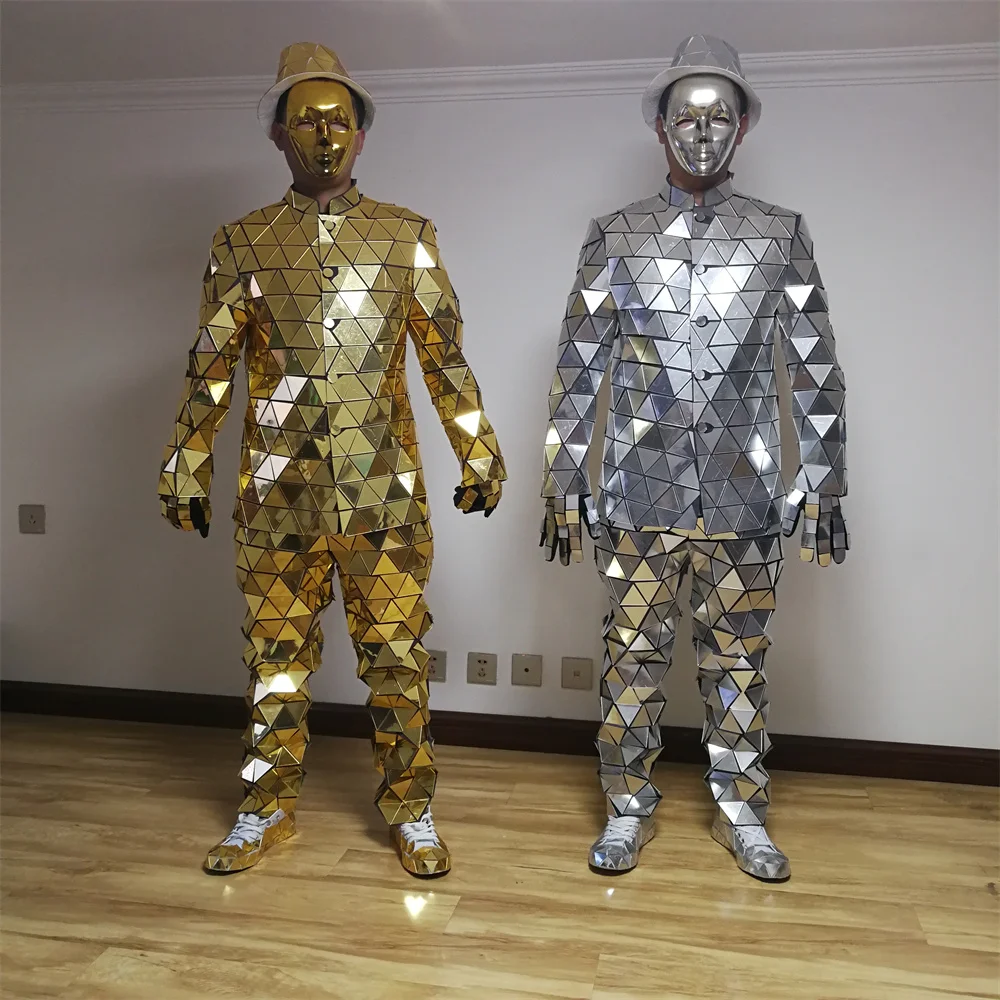 Cool Silver Golden Mirror Man Costumes Robot Suit Jacket Stage Dance Show Performance Hat Shoes DJ Night Club Ball Props