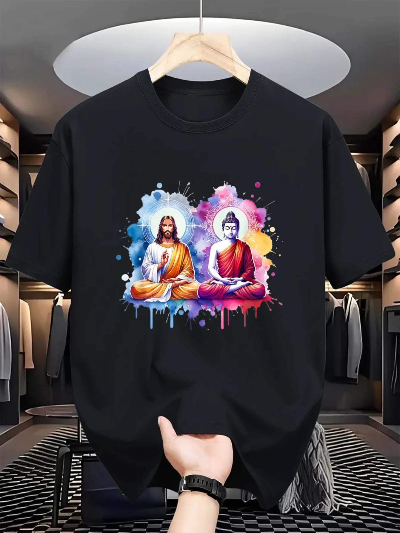 Men's  Christ  Meditating T-Shirt- Spiritual Religious Design with JesusBuddha Print, Soft Fabric, Round Neck Casual Shirt for, Meditation Casual Attire(XLXXXL Plus Size)-
