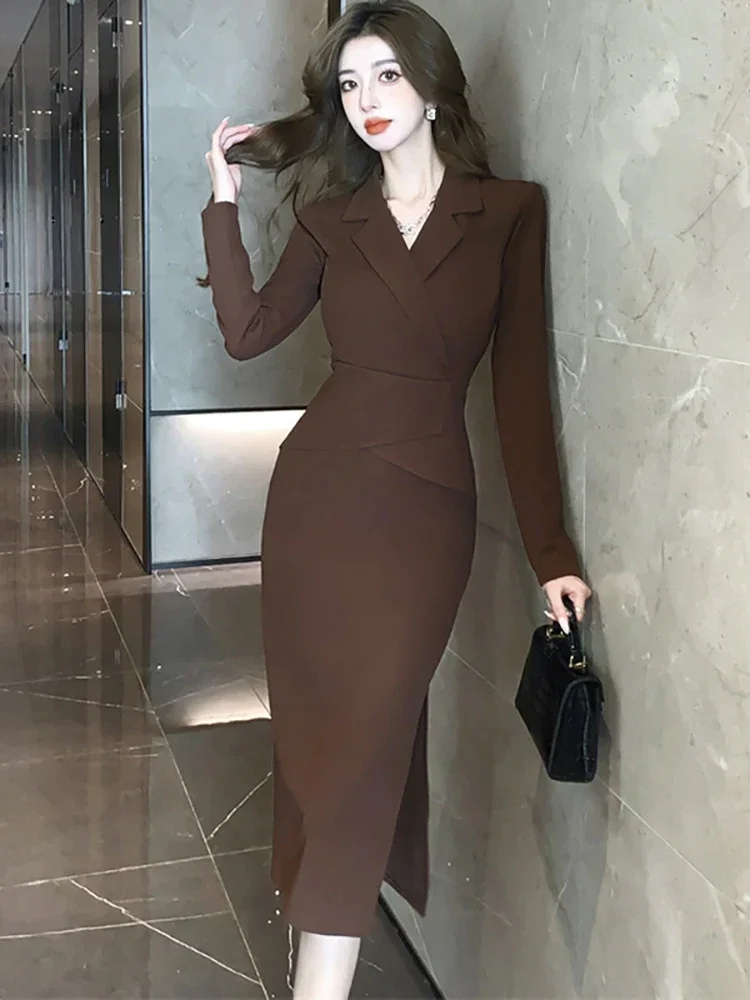 الخريف الشتاء الصلبة المرقعة وهمية قطعتين فستان الكورية أنيقة المرأة فستان 2025 أسود كم طويل Bodycon مكتب سيدة فستان