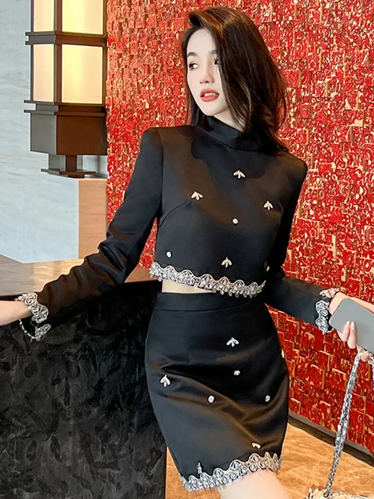 Celebrity Vintage Black Crop Tops Lady Shiny Diamond Long Sleeve Zipper Short Blouse Women's Party Banquet Clubwear Shirts Mujer