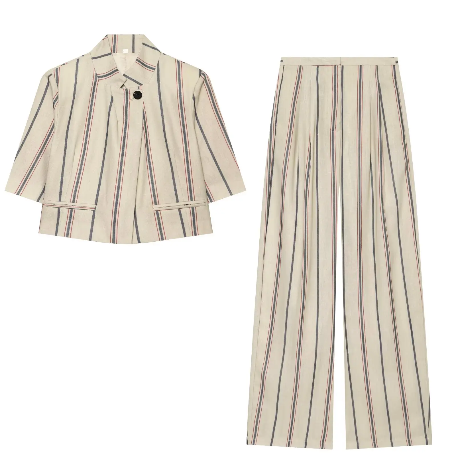BSAY Damen Neues Vertikal Gestreiftes Anzug-Set mit Gekerbtem Revers, Kurzem Blazer und Hochgeschnittener Weiter Hose, Lässiges 2-Teiliges Outfit – Detail 3