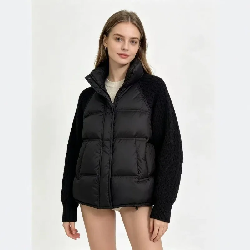 New Winter Women Jacket Parkas Patchwork Knit Sleeve Stand Collar Zipper Thick Warm Cotton Padded Coat Female Casual Outerwear