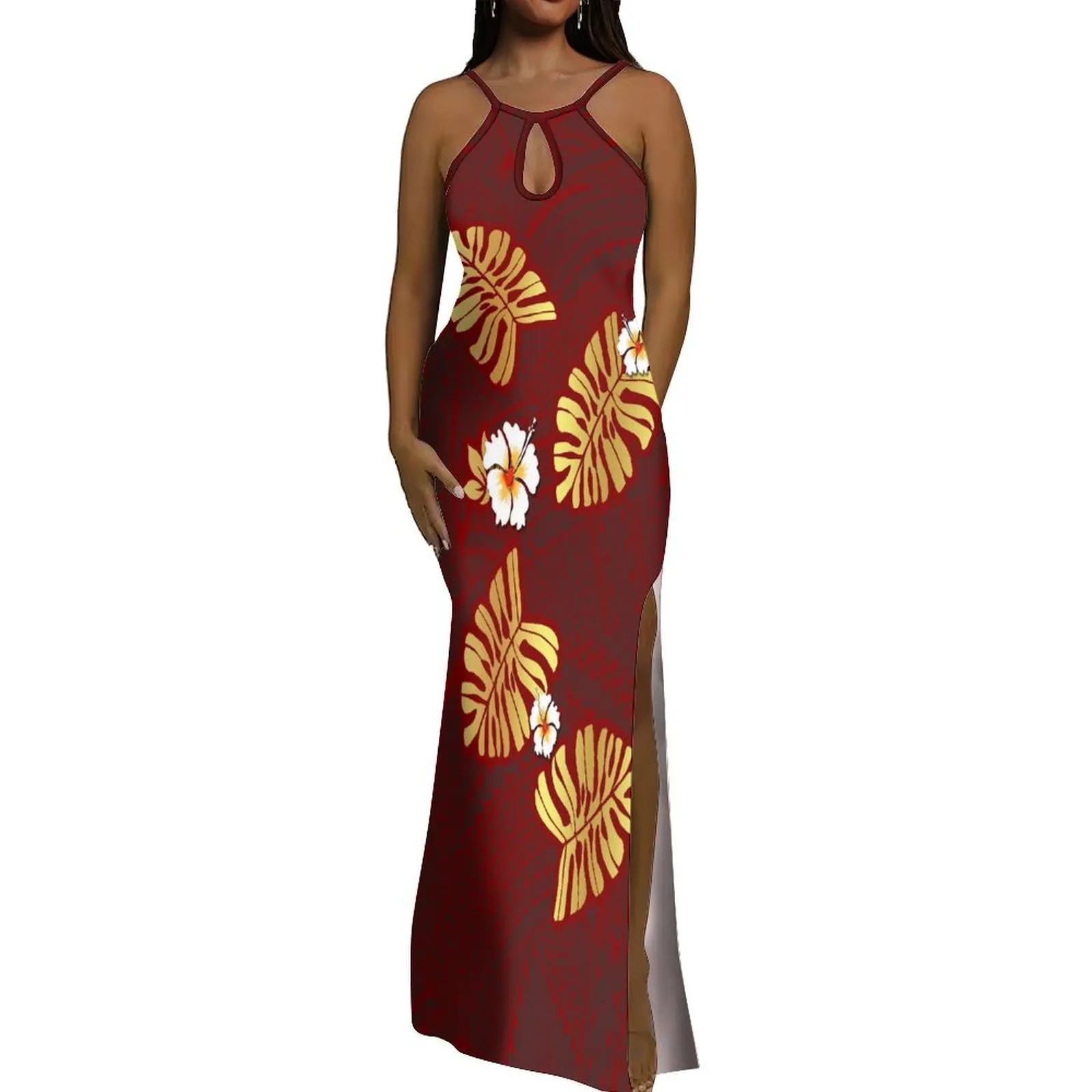 

New Style Polynesian Tribal Art Pattern Women'S Sleeveless Tight Slit Long Dress Festival Party Floor-Length Evening Dress
