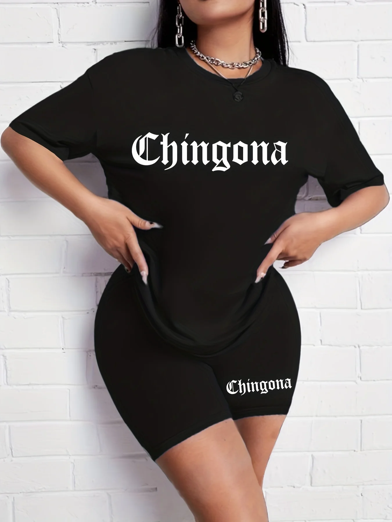 Women's summer casual loose fit oversized casual Chingona letter print round neck short sleeved T-shirt+shorts two-piece set