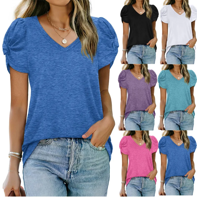 

Summer Tops V-neck Puff twist knot Short Sleeve t-shirt Cotton Pullovers Blouses Fashion Solid Color Loose T-shirts Blouse Tops