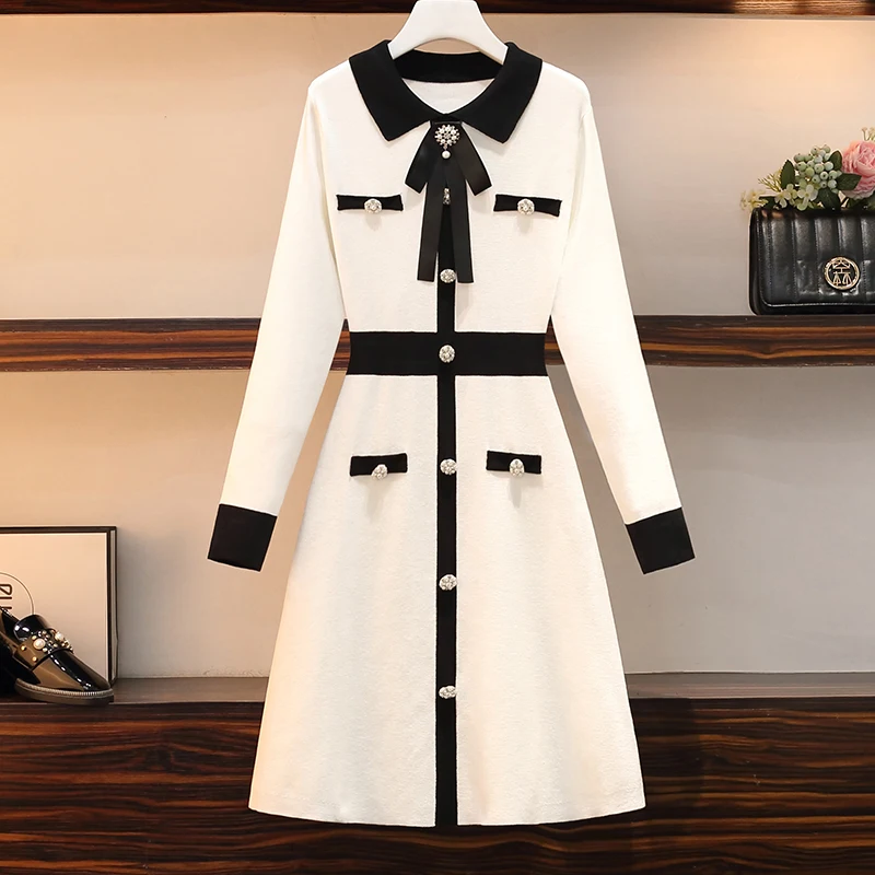 Knitting Women Beading dress 2024 Autumn Winter Long sleeve Polo Collar dress bow black mini female Sweater dresses vestido robe