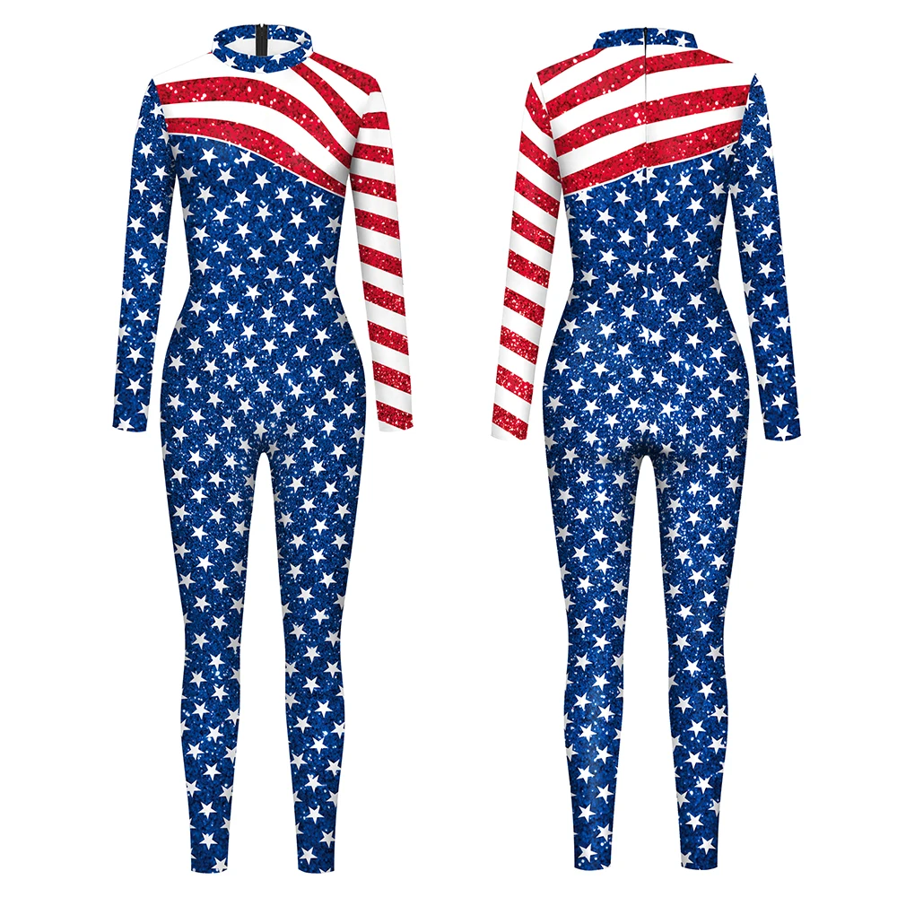 Independence Day Flag Jumpsuit for Women Party Clothes Festival Catsuits Tie Dye Zentai Suit Fashion Elastic Fitness Sportwear