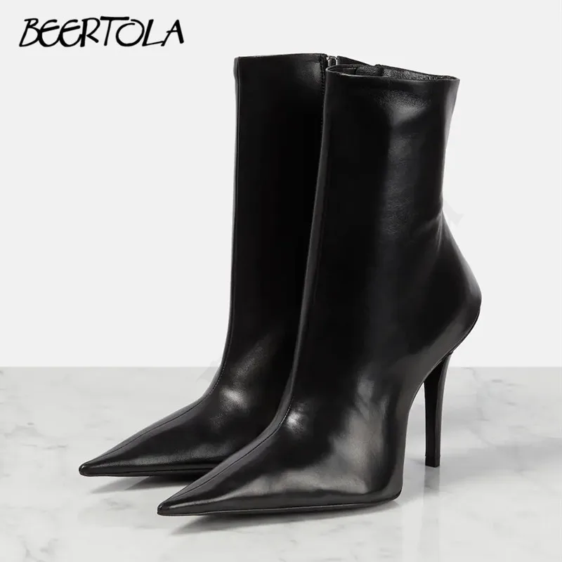 

Black Stiletto Pointed Toe Short Boots Side Zipper Short Bare Boots Large Size Sexy Solid Color Motorcycle Personality Boots