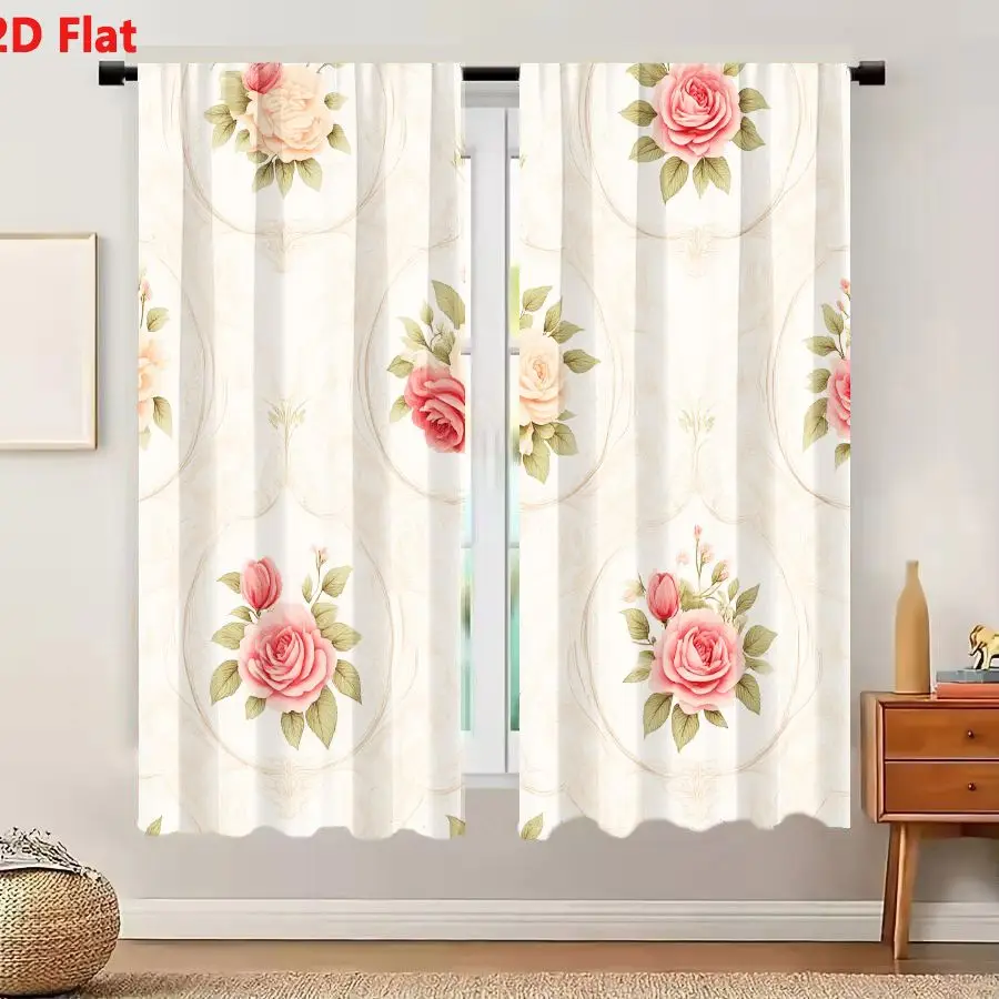 2Pcs Curtains 2D Flat Cream Background Seamless Floral Pattern With Pink Peach Roses Green Leaves In Ornate Oval Circular Frames