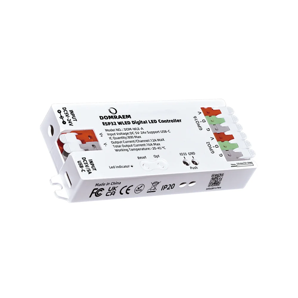 

DOMRAEM 2025NEW ESP32 WLED addressable LED controller, 2CH SPI RGB IC, 100+ FX. App/web/remote control. Works with MQTT,HA,Alexa