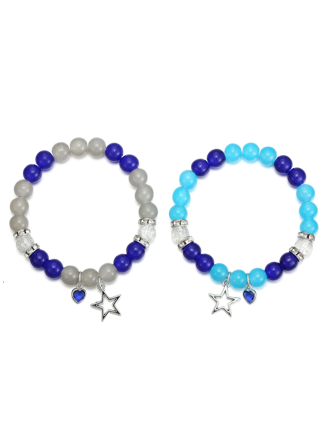 2 Pcs of Couples Fashion All-matching Gray and Blue Beaded Bracelets, Stars Pendant Elastic Retractable Bracelets