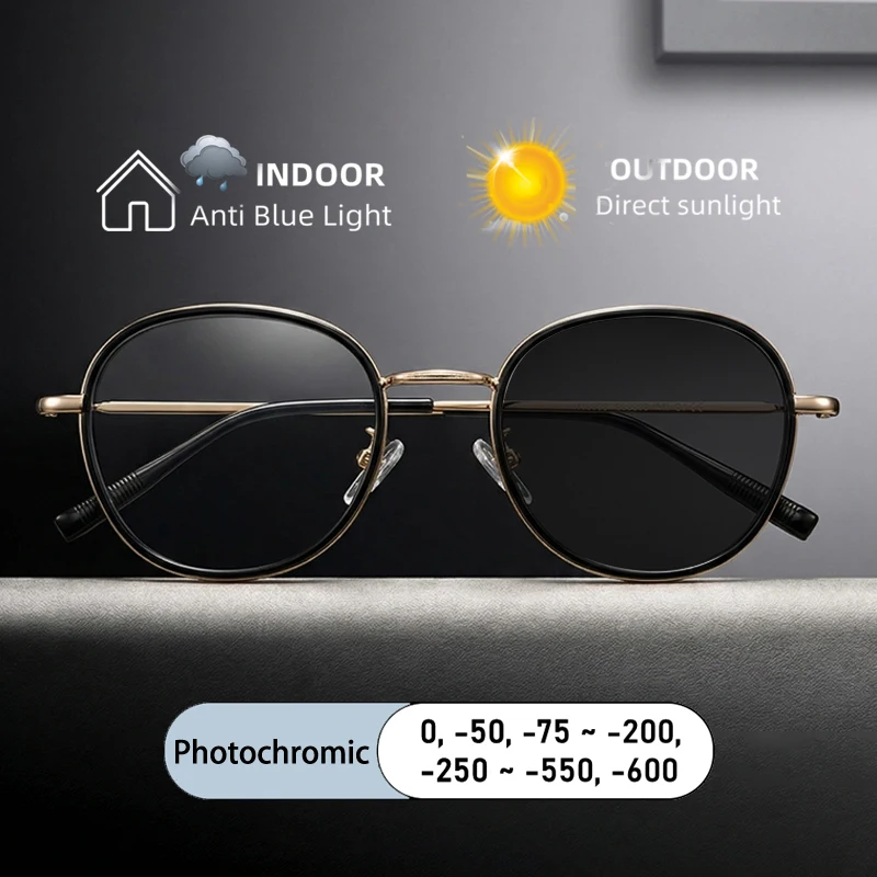 Fashion Large Round Alloy Engraved Frame Myopia Astigmatism Glasses Custom Prescription Photochromic Anti Blue Light Men Eyewear