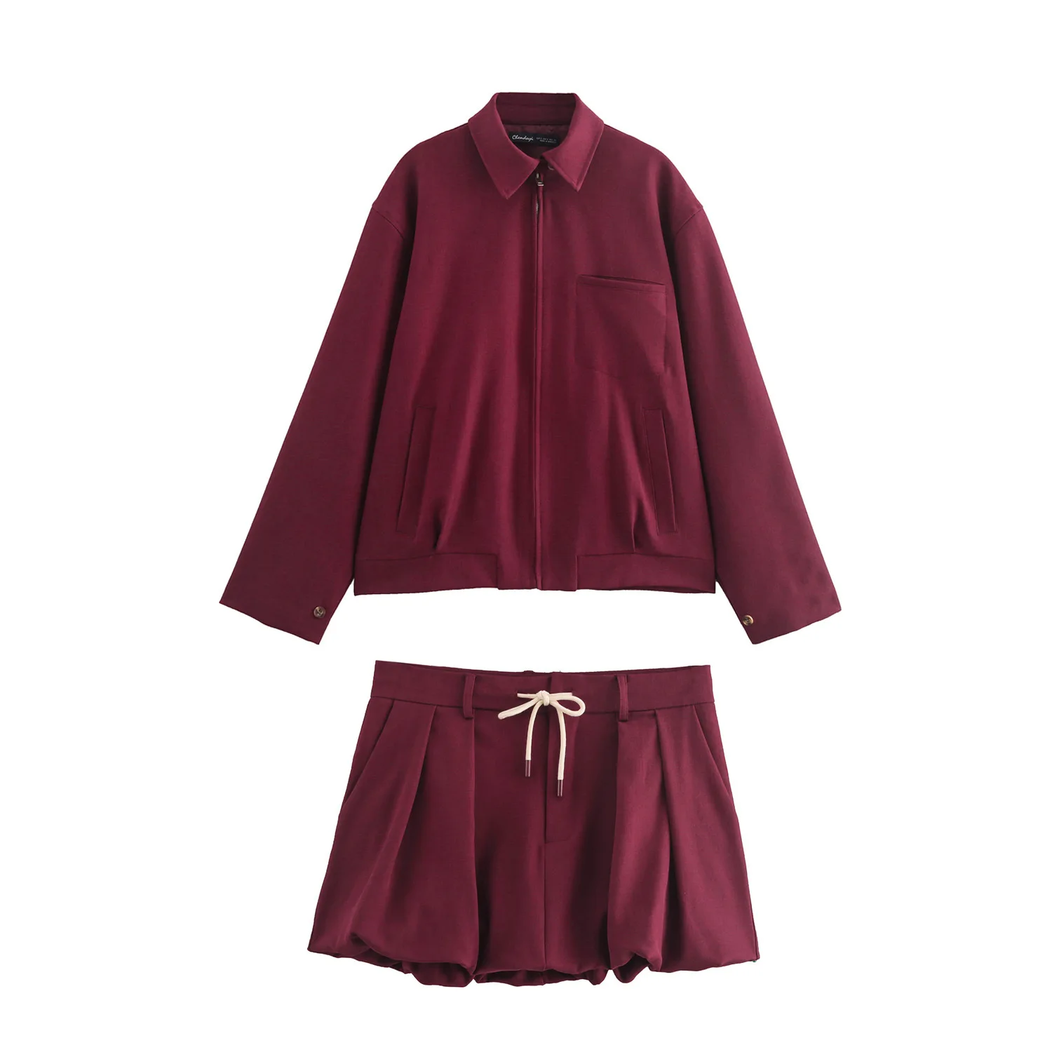 Wine Red Bomber Jacket And Drawstring Tutu Short Skirt Set Autumn Retro Coat Skirts Women Suit Streetwear Fashion Two Piece Set