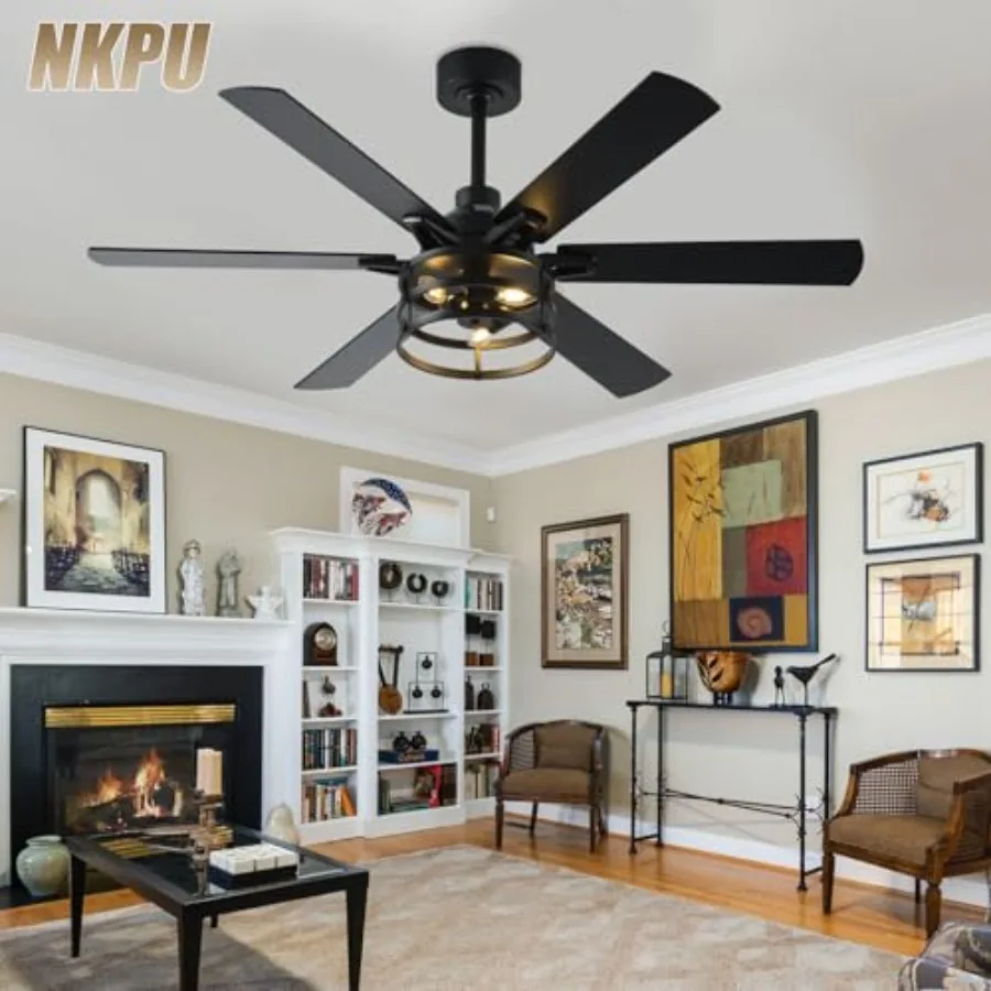 Farmhouse ceiling fan for living rooms: black industrial caged rustic fan with light, remote, 6-speed reversible motor, dual-fi