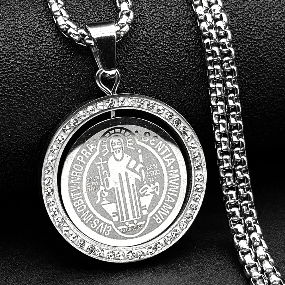 Collar con Colgante de Cruz de San Benito Giratorio Católico para Hombre y Mujer, Acero Inoxidable, con Piedras de Imitación, Cadena de Caja, Joyería de San Benito