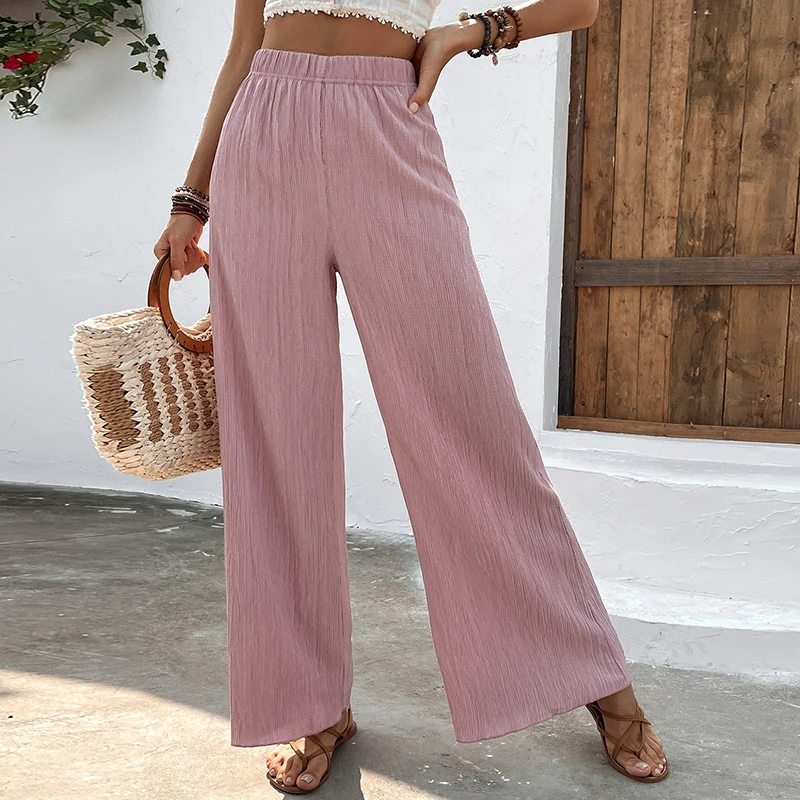 Womens Spring Summer Wide Leg Pants Fashion Solid Elastic Waist Loose Trousers Soft High Quality For Female Crumpled Pants Ladys