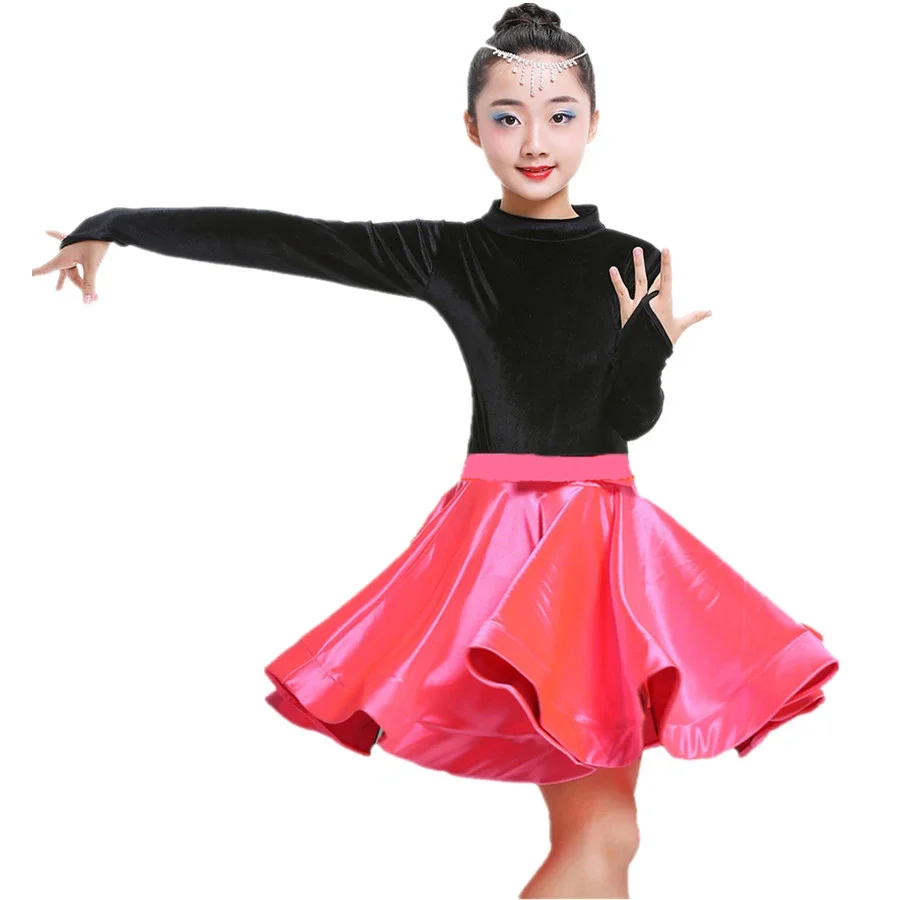 New Kids Velvet Latin Dance Dresses Gymnastics Dancewear Tango Salsa Costume Big Circle Ballroom Skirt For Girls