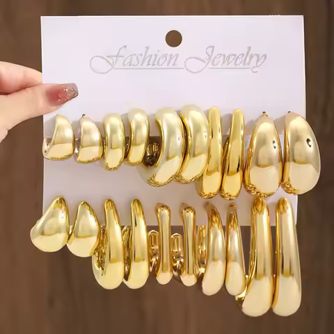 10Pcs/Set Vintage Gold Color C-shaped Hoop Earrings Set For Women Fashion Metal Geometric Smooth Earring Daily Versatile Jewelry