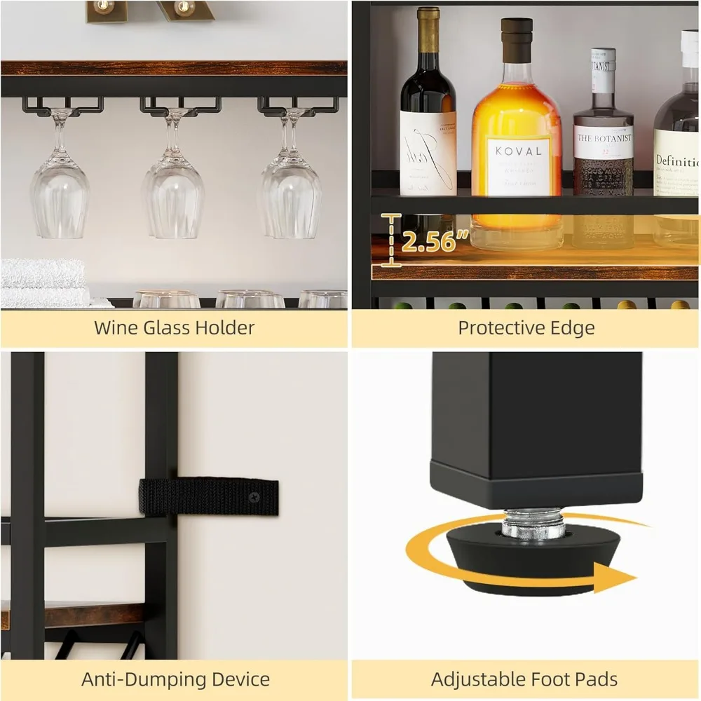 Wine Bar Rack Cabinet com RGB Luzes LED, Rústico Prateleira De Armazenamento, Brown Frete, Bar Livre Acessórios, Home Bars, 42 Garrafas