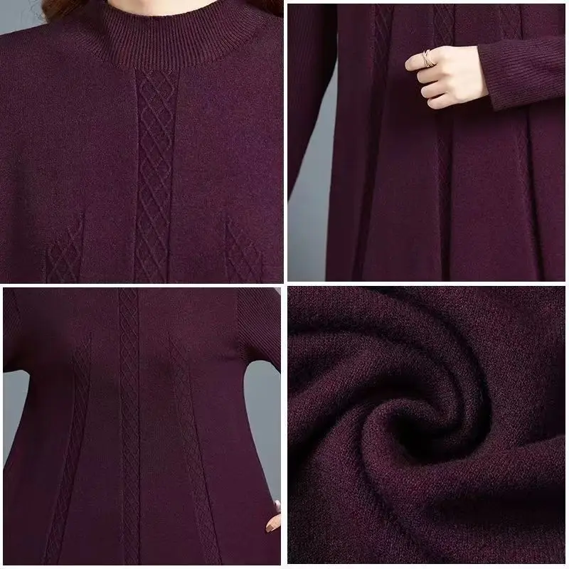 Herbst Winter Frauen Grundlegende Gestrickte Kleider Elegante Hälfte Rollkragen Solide Lange Hülse Lose Pullover Lange Kleid Weibliche Basis Shirt