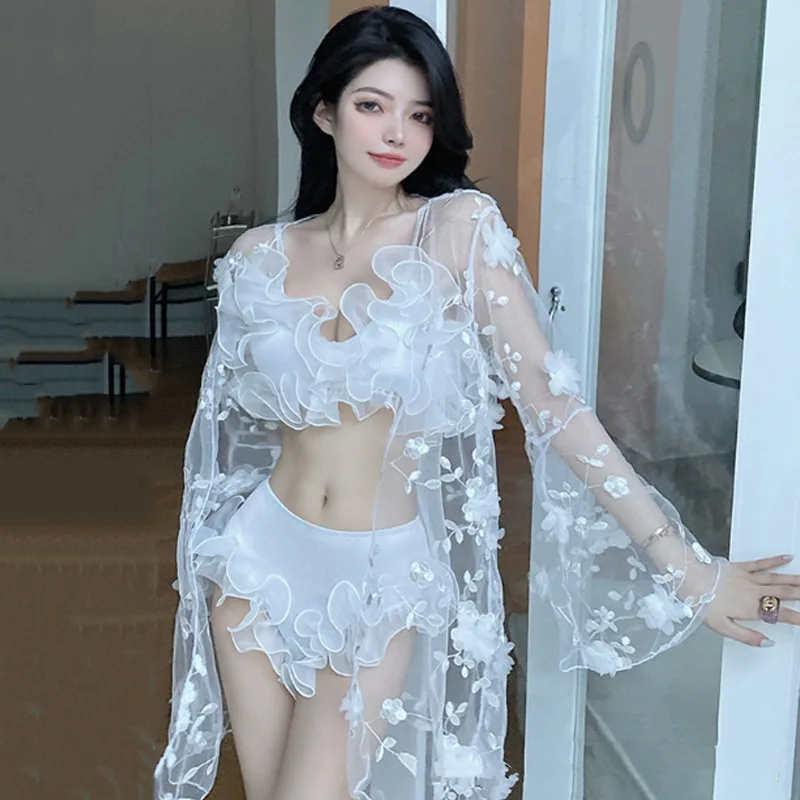 

2025 New Fairy Gas Pure Desire Style Sexy Split Lace Blouse Three-piece Set Small Chest Gathering Vacation Swimsuit Bikini Set
