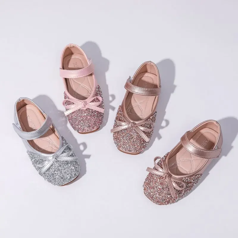 Girls Crystal Soft-Soled Flat Shoes Children Dance Performance Shoes Student Party Flats Kids's Casual Dress Flats with Bows