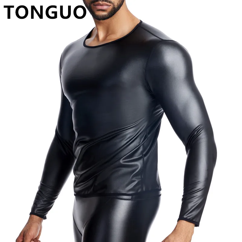 

Men Long Sleeve Leather TShirt Slim Underwear Body Shapers Waist Trainer Corsets Tummy Shapewear Fitness Leather Shirts O Collar