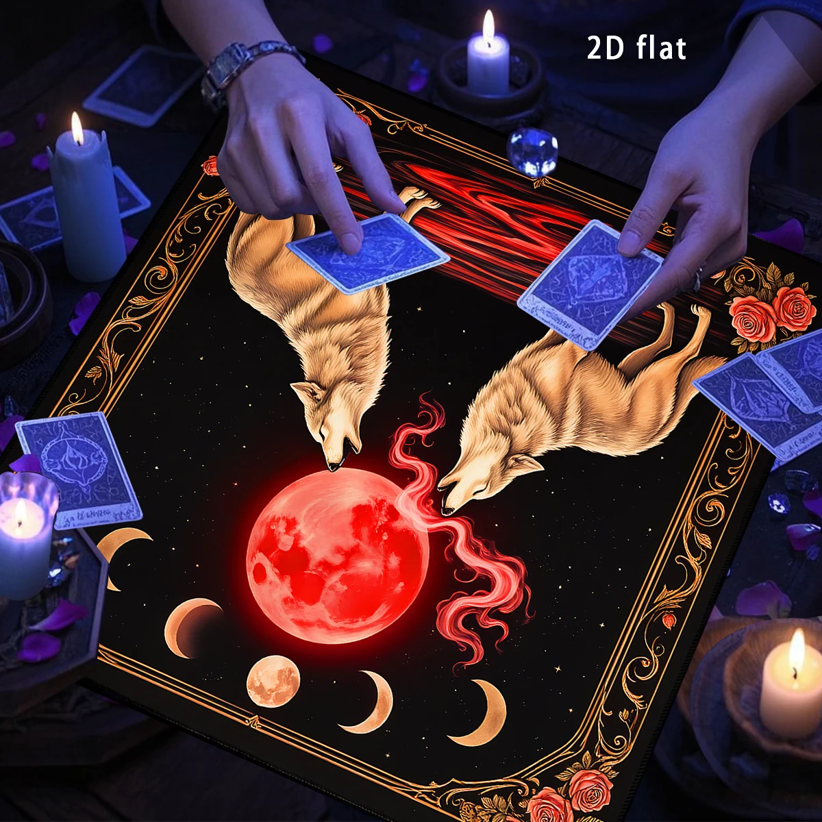 Mystical Blood Moon&Wolf Tarot Card Tablecloth Enchanted Rose Witchy Divination Altar Cloth Altar Decor Home Dorm Decor