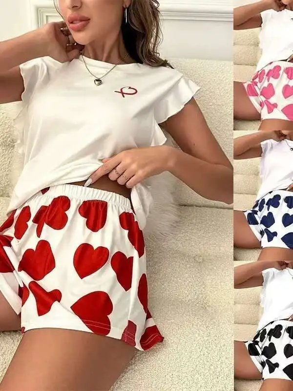 Heart Letter Printed Womens Shorts Sets Soft Short Sleeve Tops Elastic Waist Casual Home Clothes Pure Desire Casual Sweet OLJP