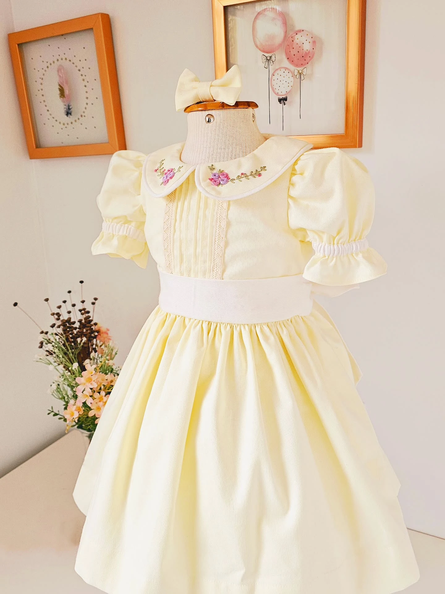 Summer Girls Sweet Handmade Embroidered Flower Lace Yellow Dress With Bow For Casual Party Birthday Wedding Photography