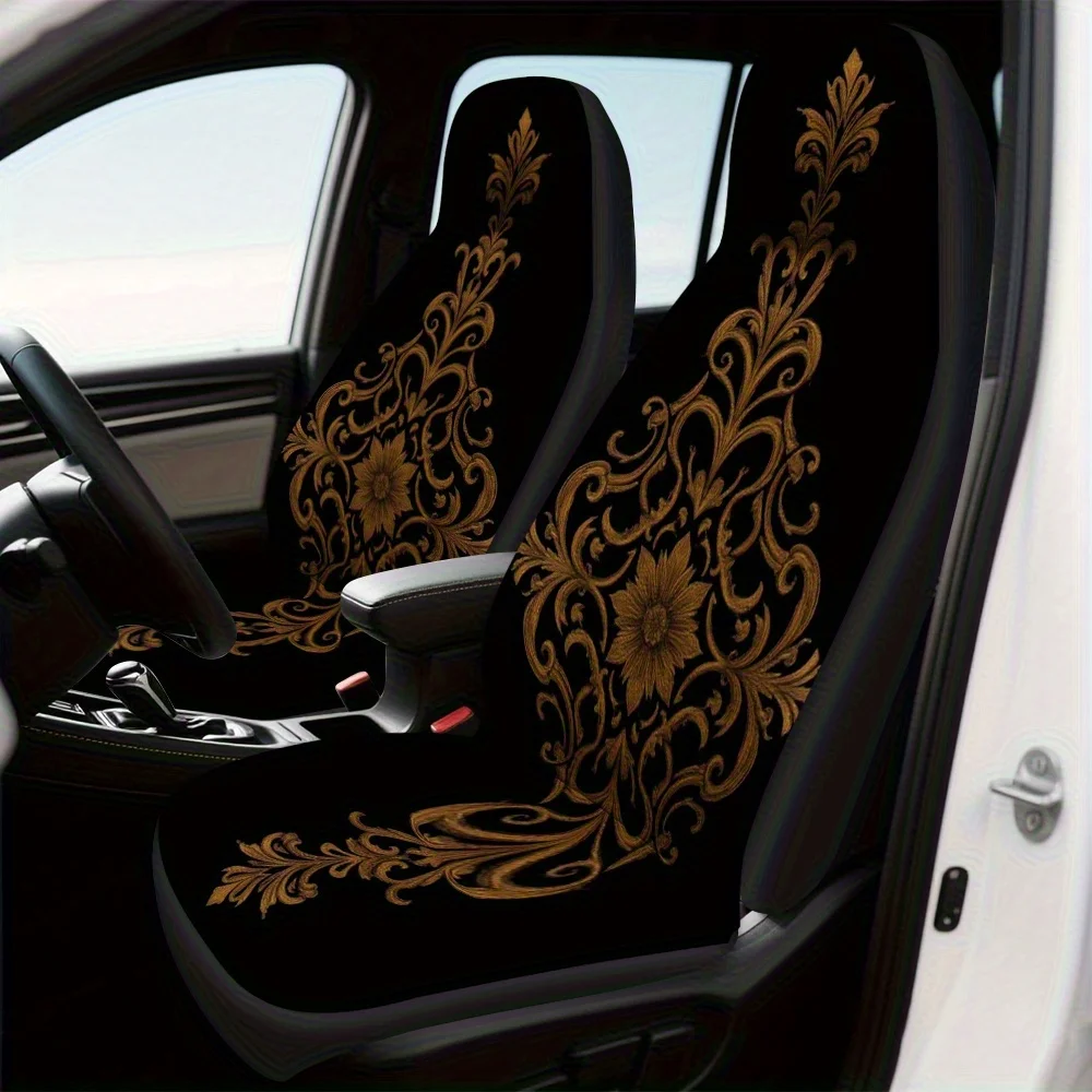 Set Of 2, Golden Flower Pattern Car Seat Covers, Comfortable And Collapsible, Fits Most Front Seats, Perfect For Enhancing Inter