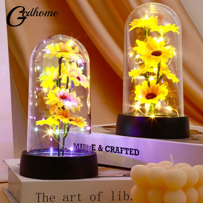 Artificial Eternal Sunflower LED Light Night Light Beauty In Glass Gold Foil Flower Valentine\'s Day Gift Enchanted Fairy Lights