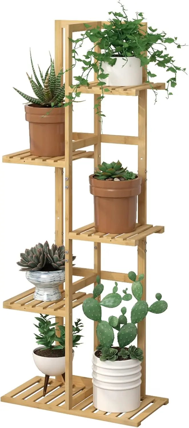 5 Tier Bamboo Plant Stand Rack for Indoor Outdoor Use, Holds 6 Pots, Wood Color Display Shelf