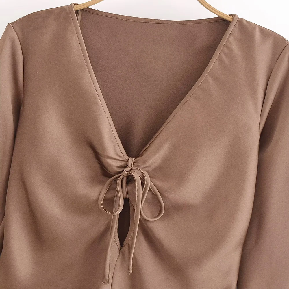 INS Fashion Brown V Neck Elegant Bow Lace Up Design Satin Texture Long Flared Sleeves Women Appear Slim Shirt ZATAF 2024 New