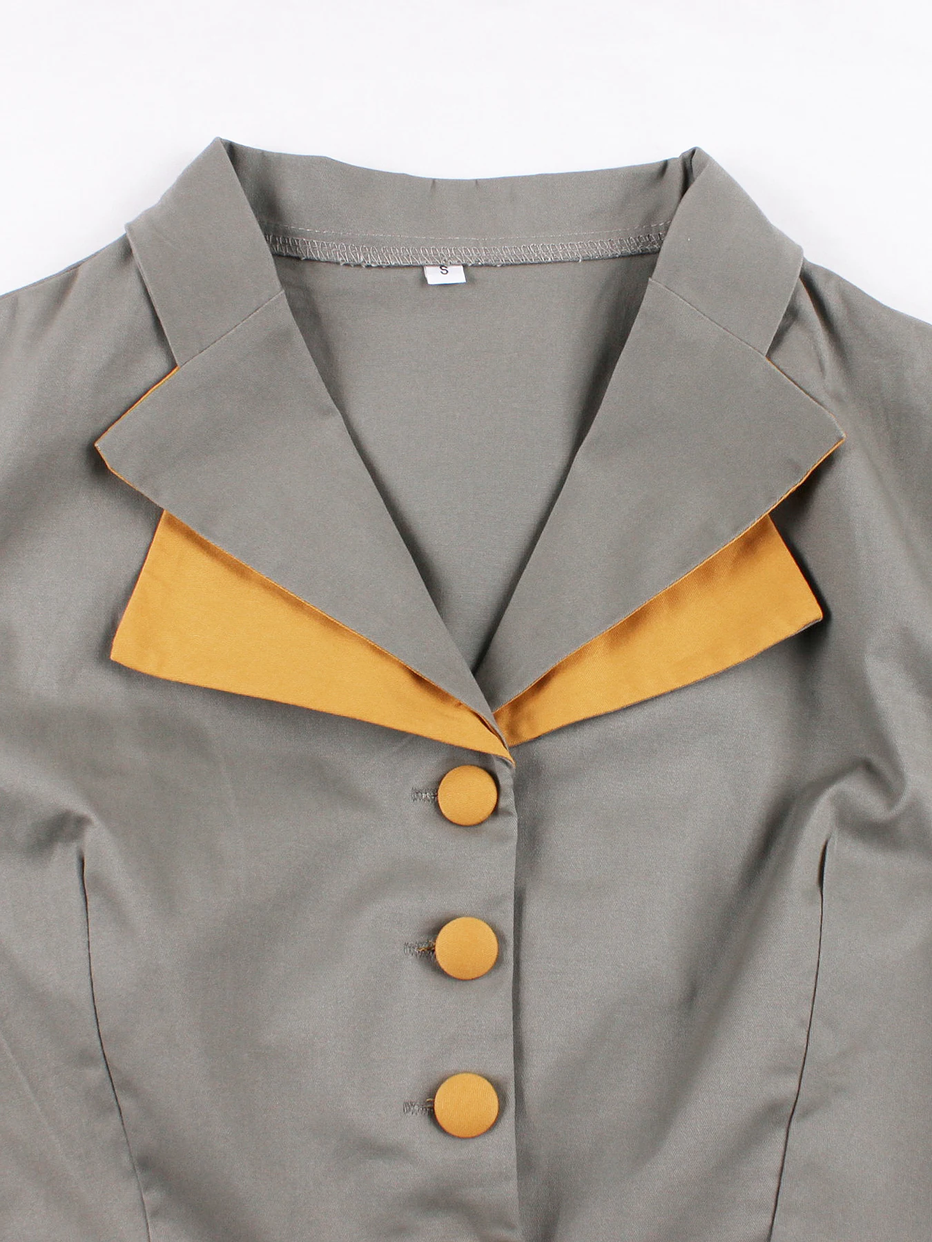 Tonval Grey and Yellow Notched Collar Pockets Midi Dresses Autumn Clothing Half Sleeve Vintage Cotton Dress Women Elegant