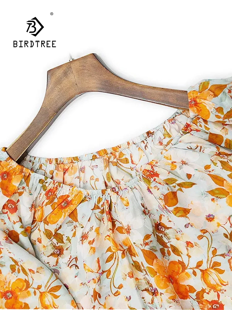 

BirdTree Slash Neck Floral Print,Elegant Retro Office Lady Tees,Real Silk T-Shirt For Women,2024 Spring New Tops T41621QC