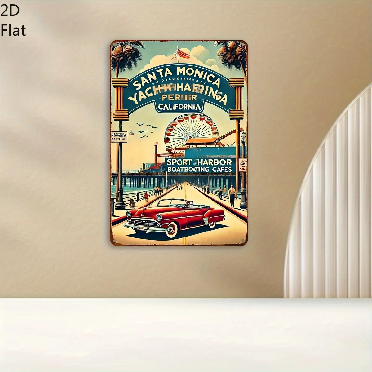 Vintage Santa Monica Marina California Metal Wall Art - Retro Yacht Design with Trees,Flag, , Classic American Coastal Deco