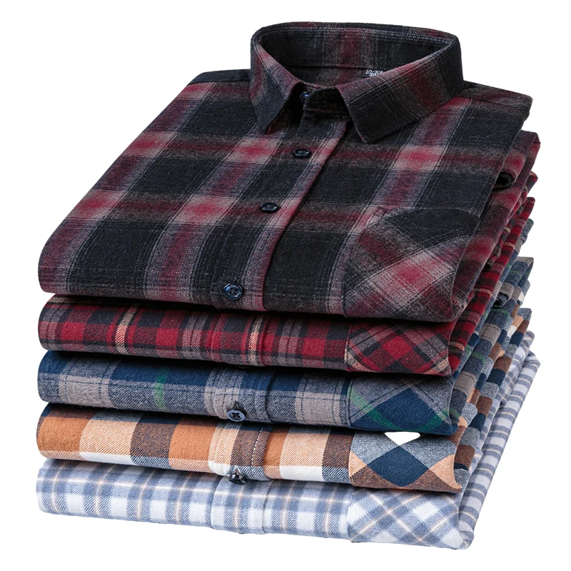 

S-6XL Standard-Fit For Men Long Sleeve Flannel Shirt Pure Cotton Plaid Shirts Fashion Single Patch Pocket Casual Design